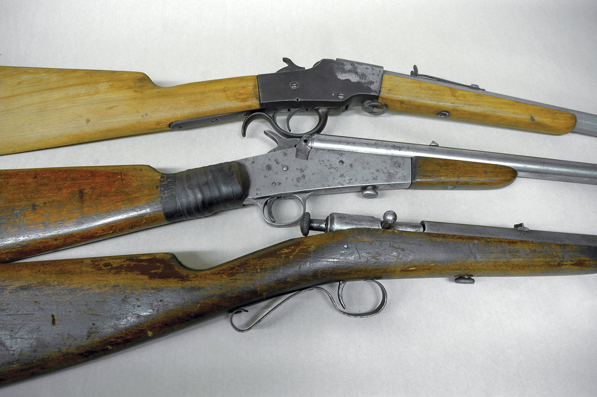 Typical old project guns with ruined bores and broken stocks (top to bottom): Hopkins & Allen, Remington No. 6 and Winchester Model 1902.